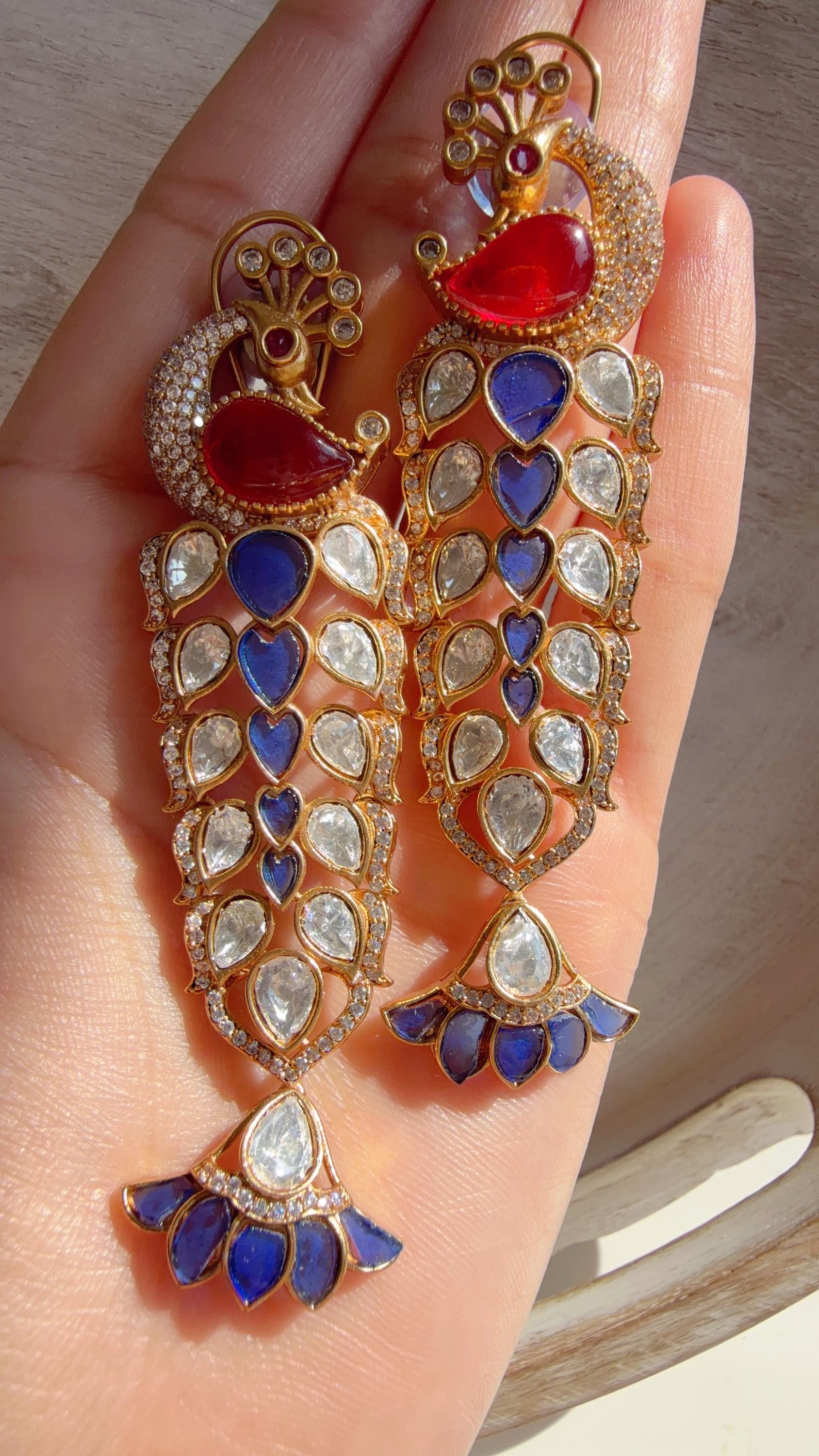 Maya Ruby Blue Peacock danglers/Amrapali inspired Moissanite doublet Earrings/Elegant Statement Jewelry/Bridal jhumka