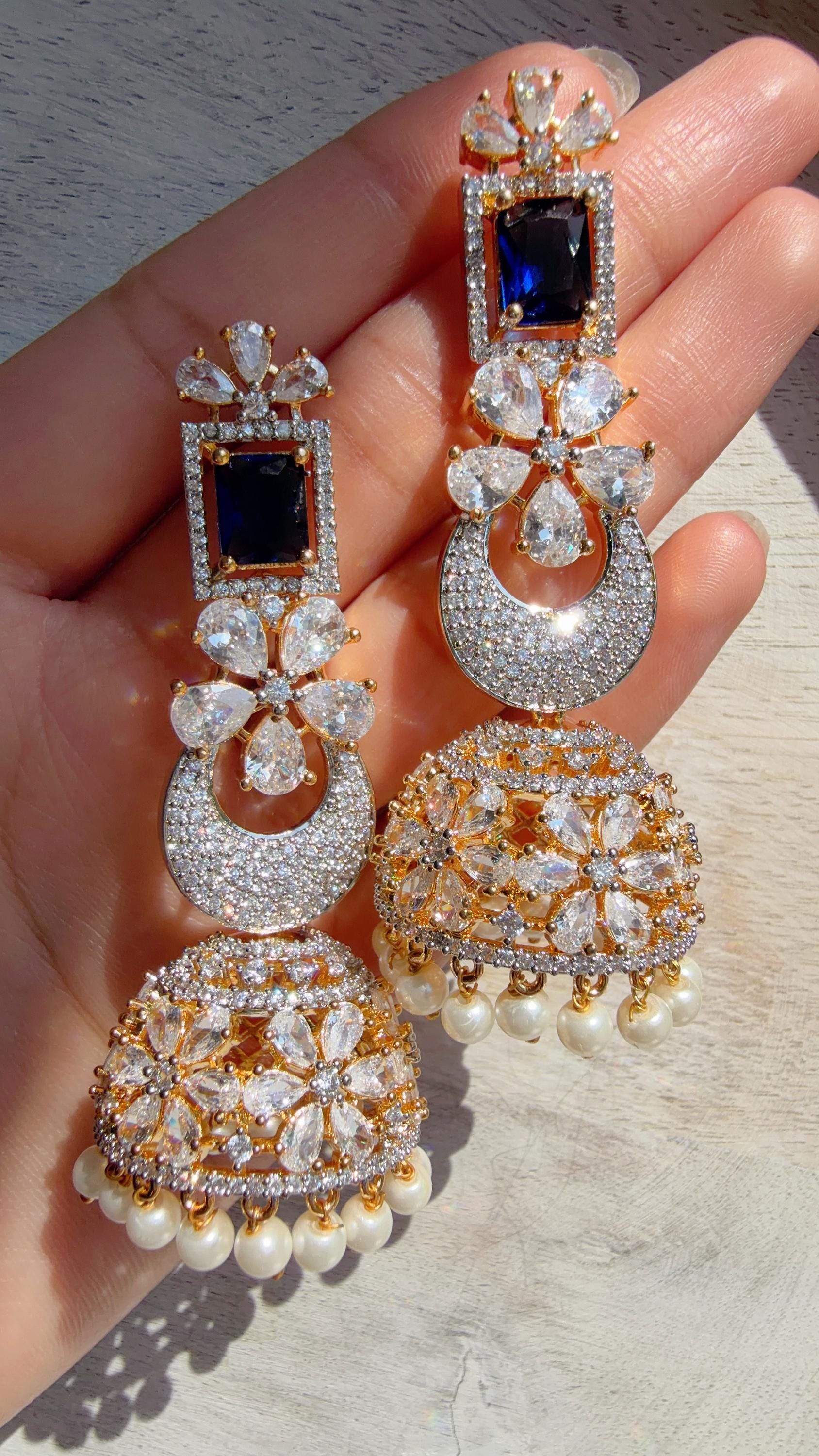 2 Tone Chaand diamond jhumka Earrings next to real/ Indian Jewelry Indian Earrings/American Diamond jhumka/CZ Earrings/