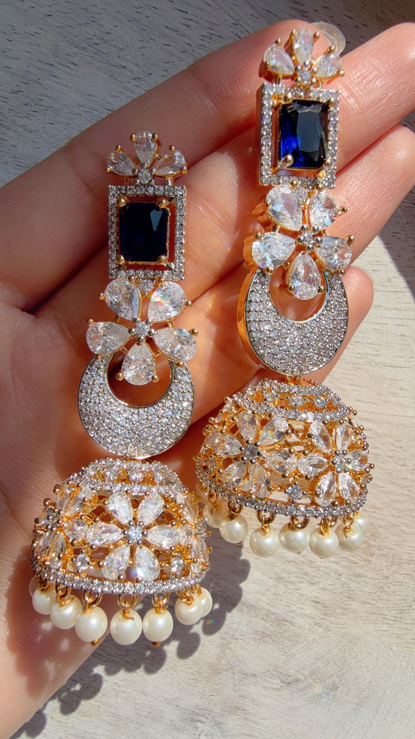 2 Tone Chaand diamond jhumka Earrings next to real/ Indian Jewelry Indian Earrings/American Diamond jhumka/CZ Earrings/