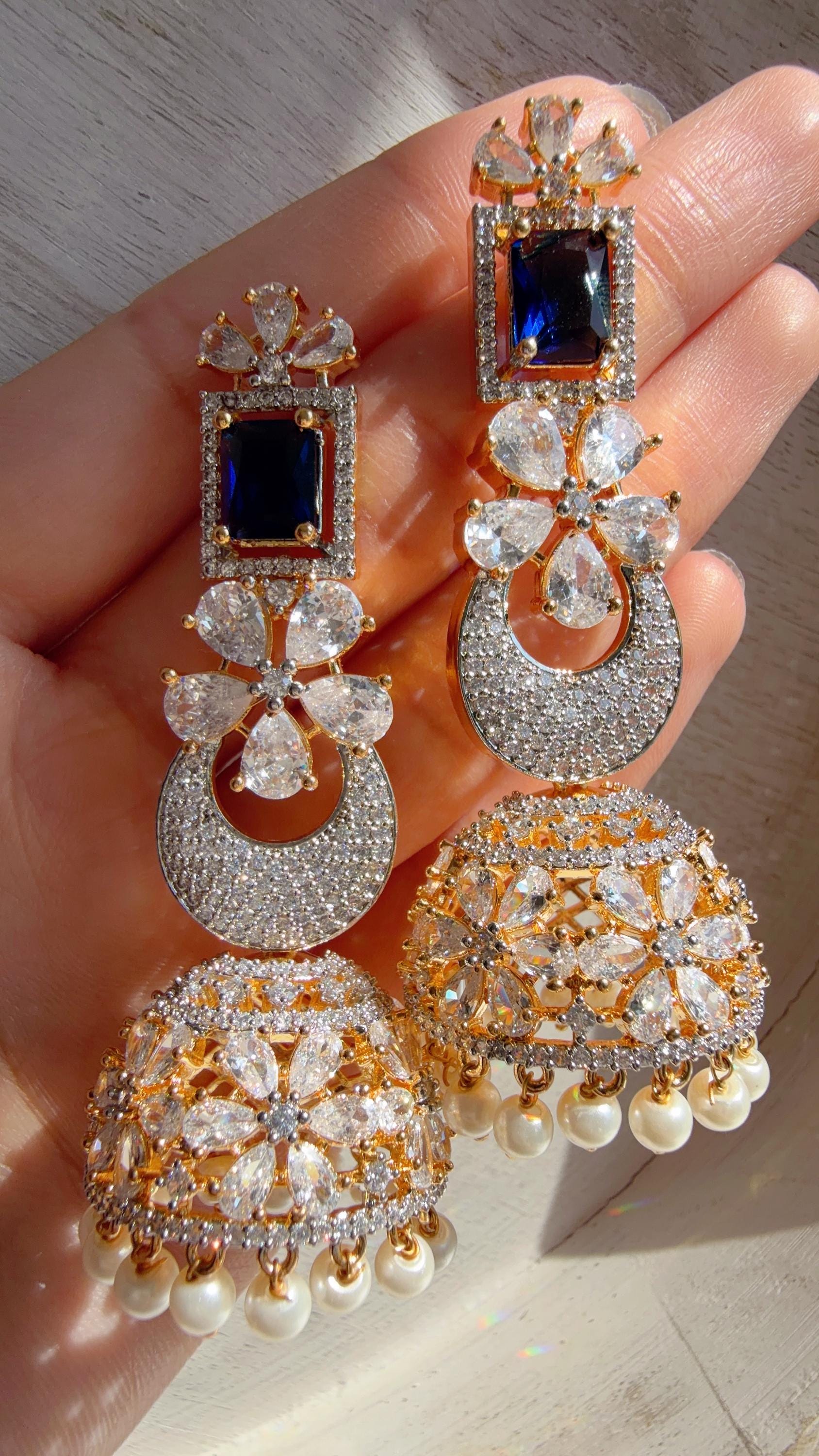 2 Tone Chaand diamond jhumka Earrings next to real/ Indian Jewelry Indian Earrings/American Diamond jhumka/CZ Earrings/