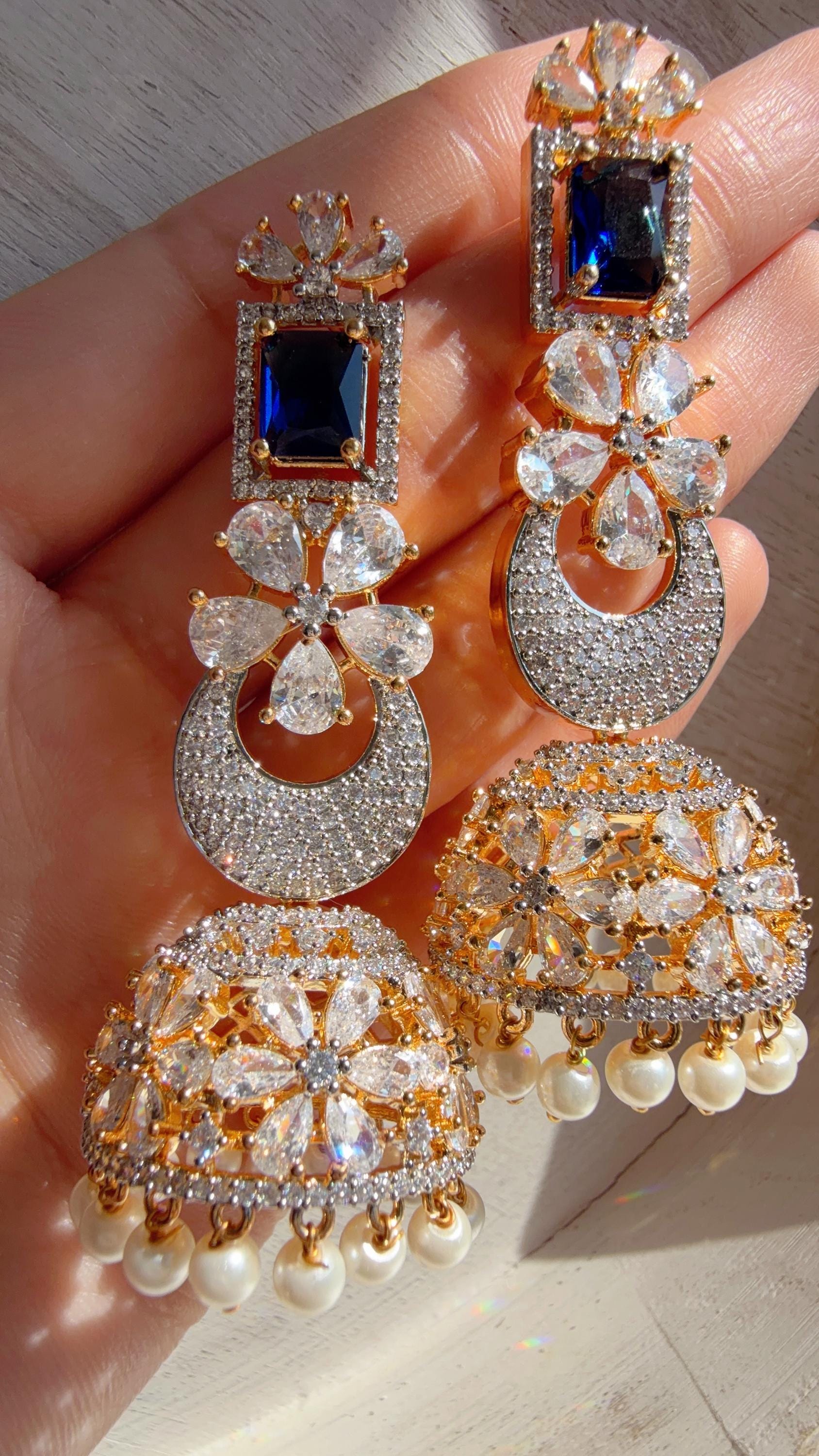 2 Tone Chaand diamond jhumka Earrings next to real/ Indian Jewelry Indian Earrings/American Diamond jhumka/CZ Earrings/