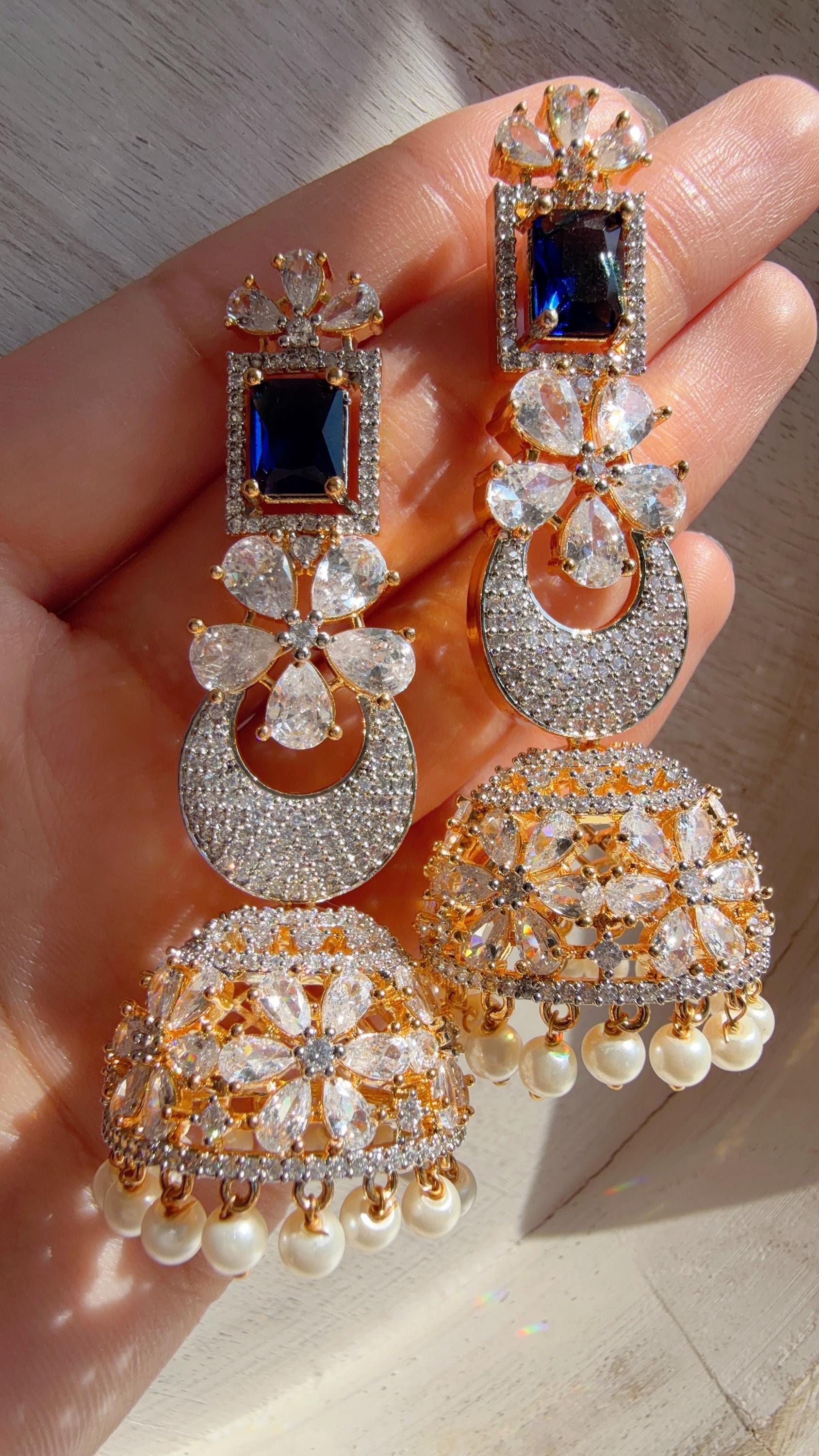 2 Tone Chaand diamond jhumka Earrings next to real/ Indian Jewelry Indian Earrings/American Diamond jhumka/CZ Earrings/