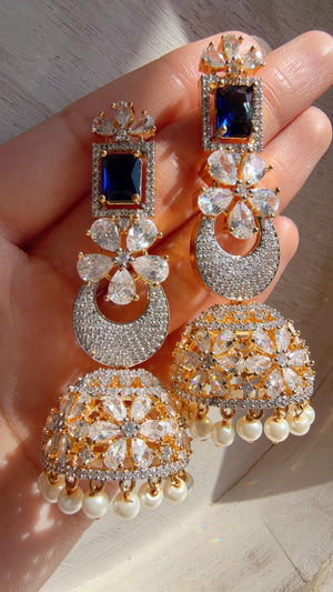2 Tone Chaand diamond jhumka Earrings next to real/ Indian Jewelry Indian Earrings/American Diamond jhumka/CZ Earrings/