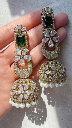 Anaya Mehendi Chaand diamond jhumka Earrings next to real/ Indian Jewelry Indian Earrings/American Diamond jhumka/CZ Earrings/