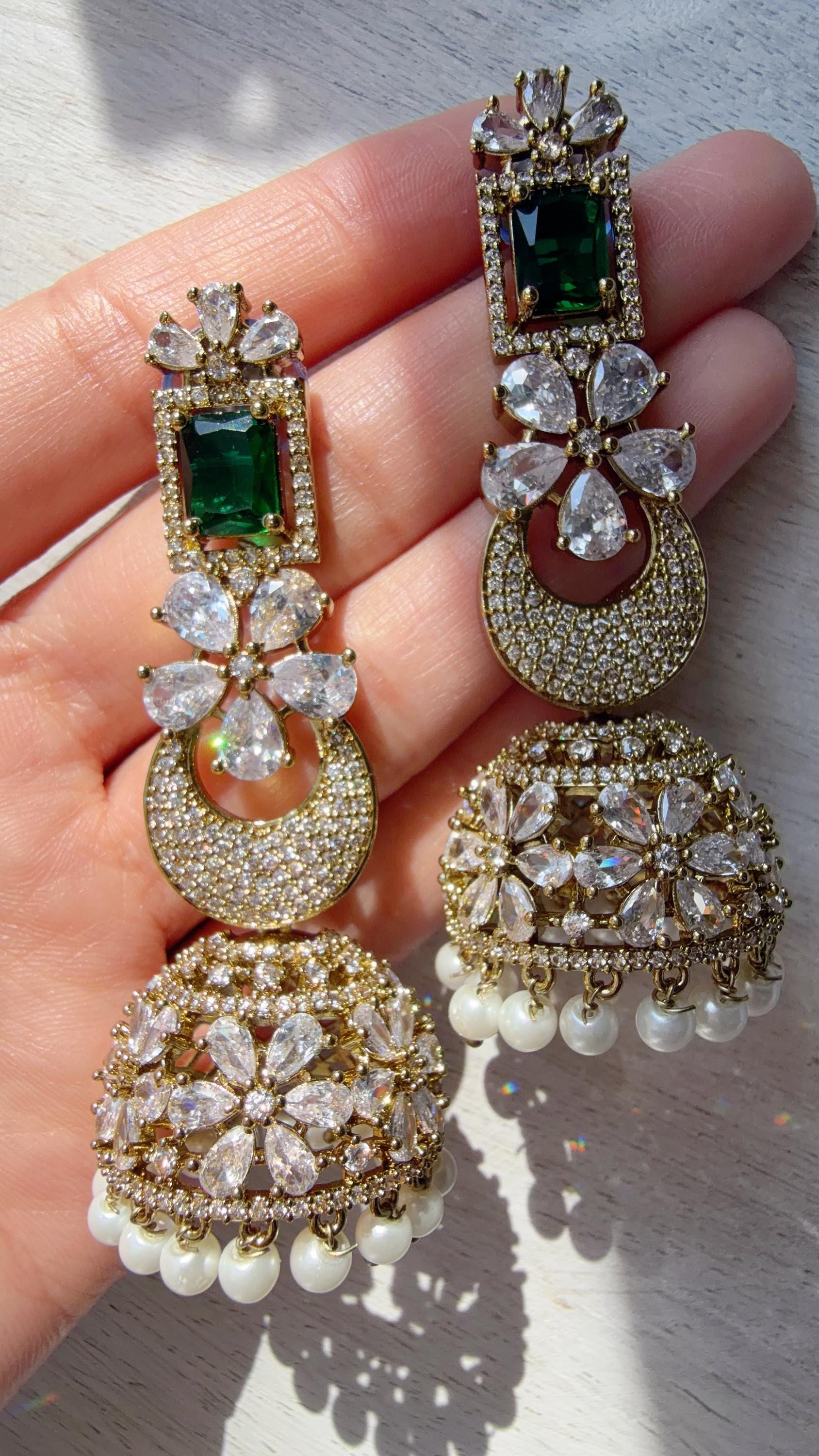 Anaya Mehendi Chaand diamond jhumka Earrings next to real/ Indian Jewelry Indian Earrings/American Diamond jhumka/CZ Earrings/