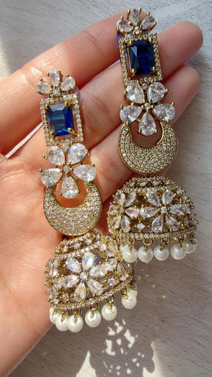 Anaya Mehendi Chaand diamond jhumka Earrings next to real/ Indian Jewelry Indian Earrings/American Diamond jhumka/CZ Earrings/