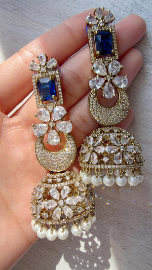 Anaya Mehendi Chaand diamond jhumka Earrings next to real/ Indian Jewelry Indian Earrings/American Diamond jhumka/CZ Earrings/