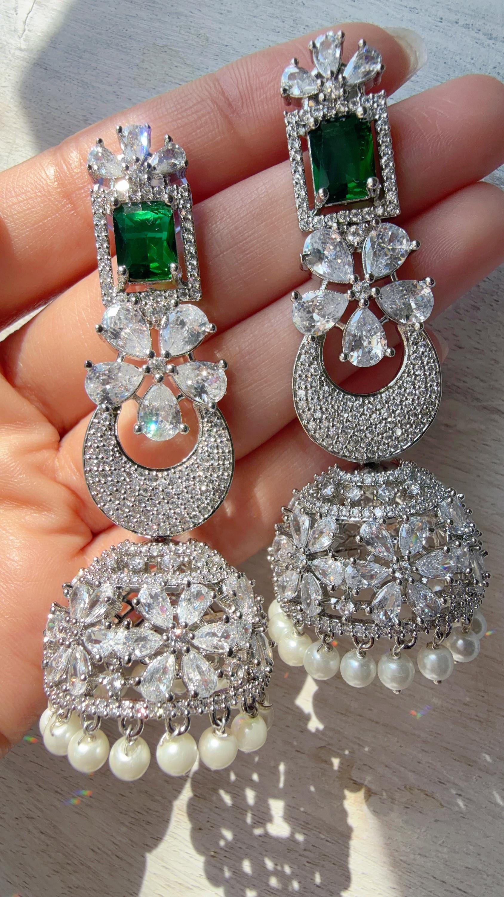 Anaya Rhodium Chaand diamond jhumka Earrings next to real/ Indian Jewelry Indian Earrings/American Diamond jhumka/CZ Earrings/