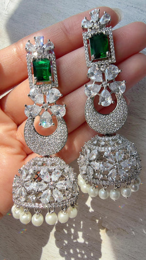 Anaya Rhodium Chaand diamond jhumka Earrings next to real/ Indian Jewelry Indian Earrings/American Diamond jhumka/CZ Earrings/