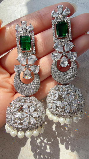 Anaya Rhodium Chaand diamond jhumka Earrings next to real/ Indian Jewelry Indian Earrings/American Diamond jhumka/CZ Earrings/