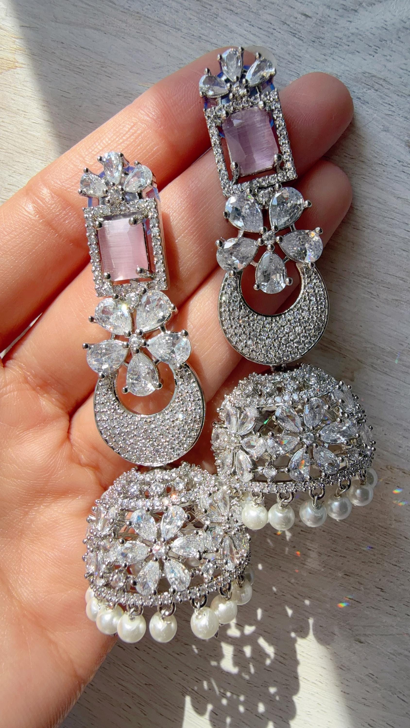 Anaya Rhodium Chaand diamond jhumka Earrings next to real/ Indian Jewelry Indian Earrings/American Diamond jhumka/CZ Earrings/