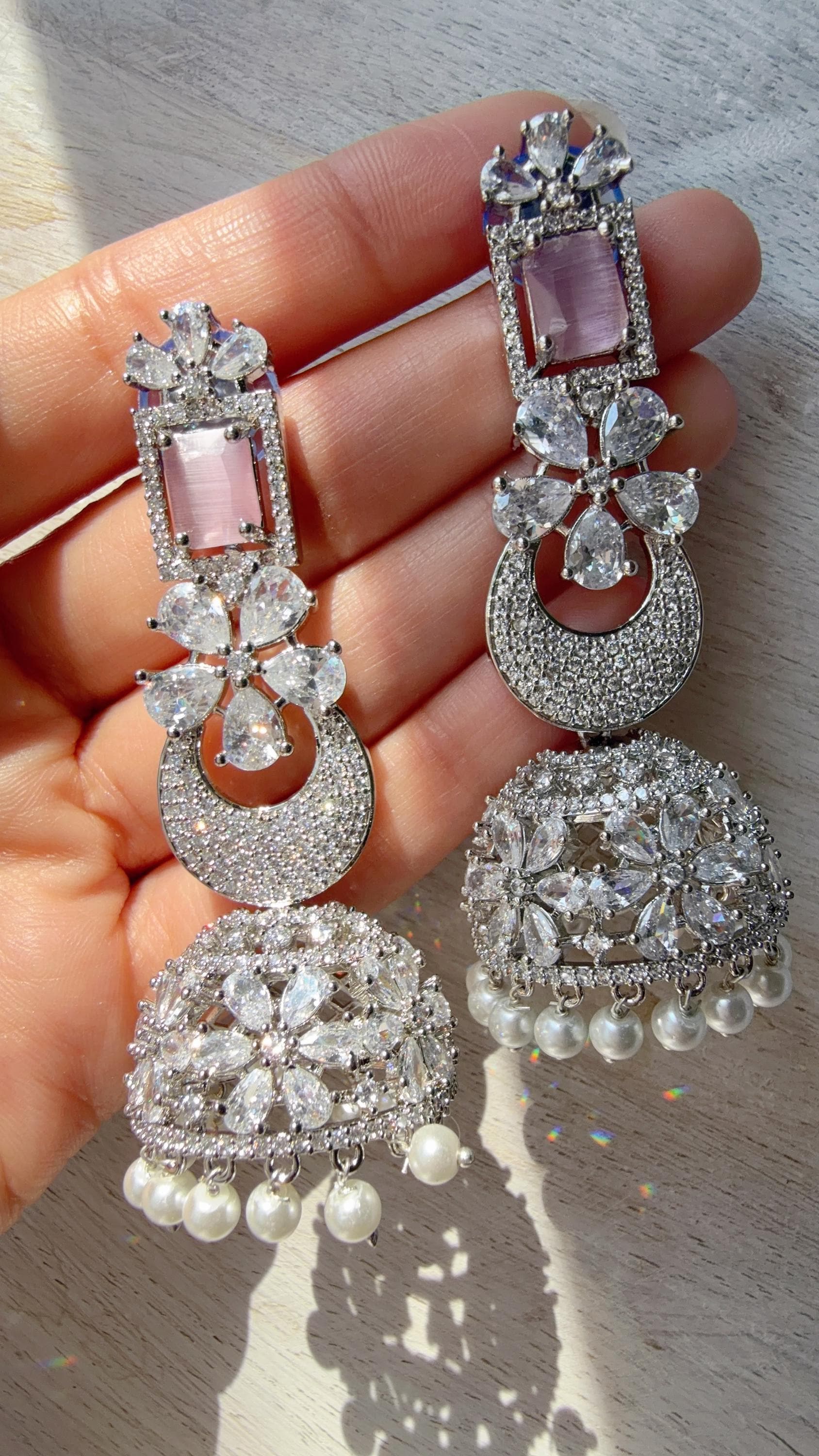 Anaya Rhodium Chaand diamond jhumka Earrings next to real/ Indian Jewelry Indian Earrings/American Diamond jhumka/CZ Earrings/
