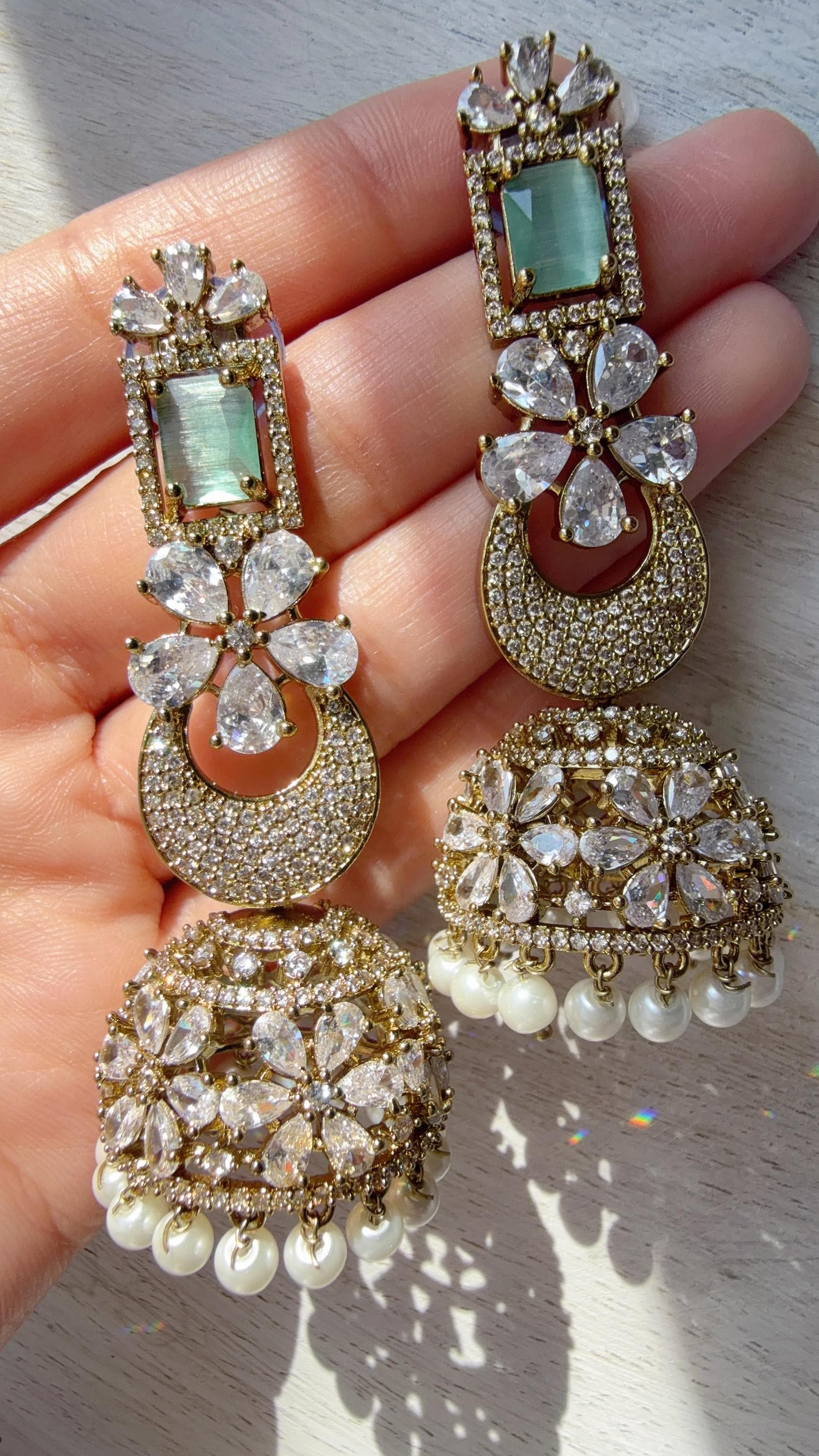 Anaya Mehendi Chaand diamond jhumka Earrings next to real/ Indian Jewelry Indian Earrings/American Diamond jhumka/CZ Earrings/