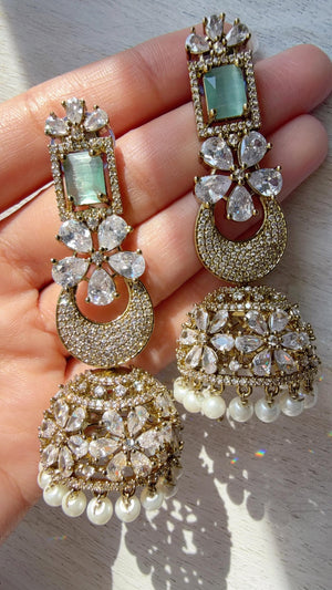 Anaya Mehendi Chaand diamond jhumka Earrings next to real/ Indian Jewelry Indian Earrings/American Diamond jhumka/CZ Earrings/