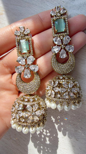 Anaya Mehendi Chaand diamond jhumka Earrings next to real/ Indian Jewelry Indian Earrings/American Diamond jhumka/CZ Earrings/