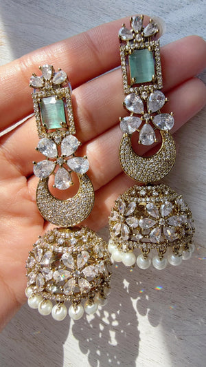 Anaya Mehendi Chaand diamond jhumka Earrings next to real/ Indian Jewelry Indian Earrings/American Diamond jhumka/CZ Earrings/