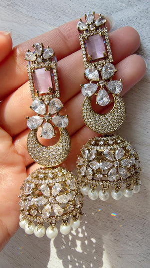Anaya Mehendi Chaand diamond jhumka Earrings next to real/ Indian Jewelry Indian Earrings/American Diamond jhumka/CZ Earrings/