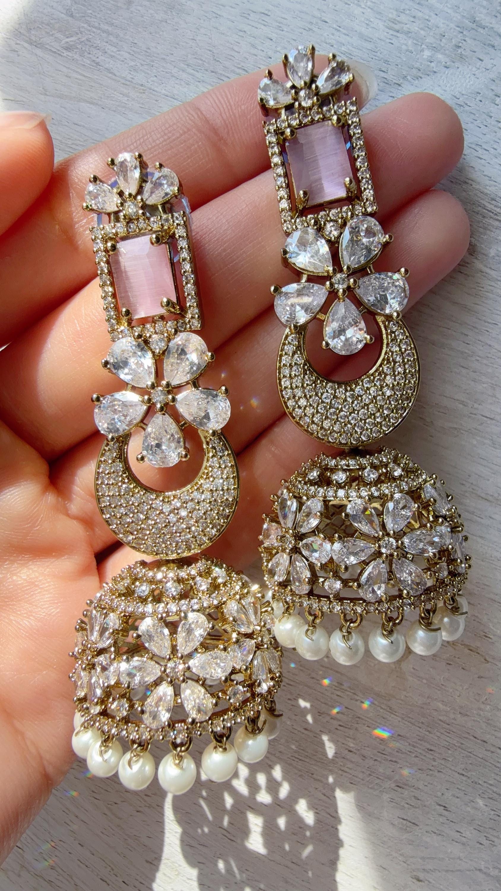 Anaya Mehendi Chaand diamond jhumka Earrings next to real/ Indian Jewelry Indian Earrings/American Diamond jhumka/CZ Earrings/