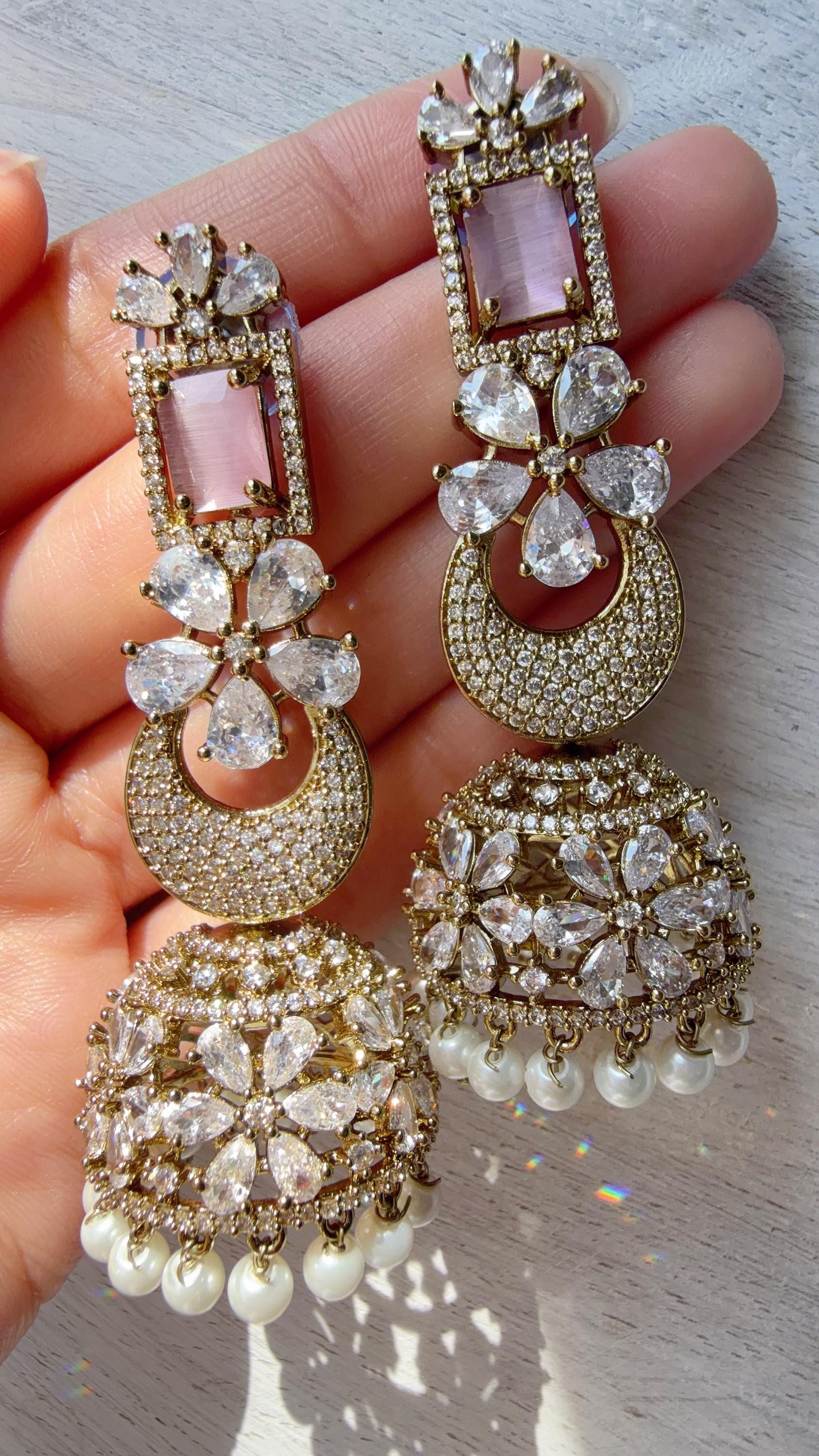 Anaya Mehendi Chaand diamond jhumka Earrings next to real/ Indian Jewelry Indian Earrings/American Diamond jhumka/CZ Earrings/