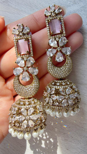 Anaya Mehendi Chaand diamond jhumka Earrings next to real/ Indian Jewelry Indian Earrings/American Diamond jhumka/CZ Earrings/