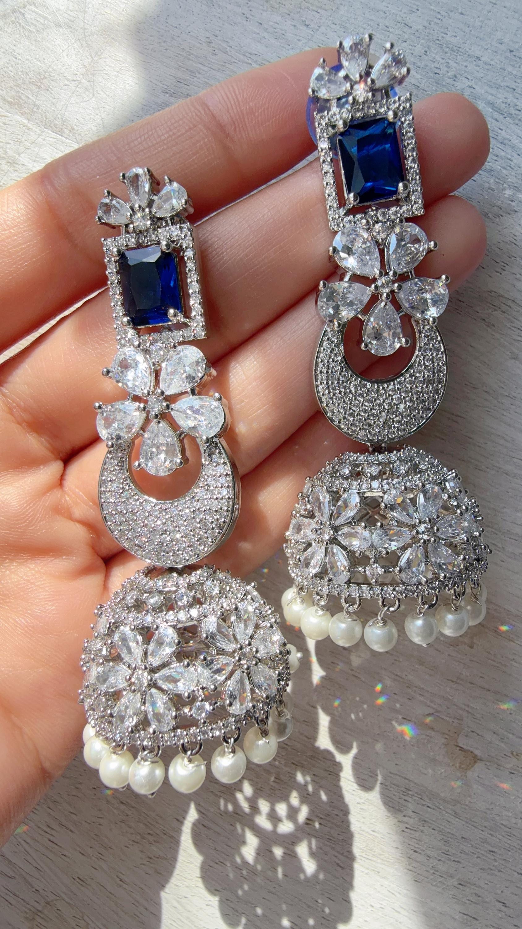 Anaya Rhodium Chaand diamond jhumka Earrings next to real/ Indian Jewelry Indian Earrings/American Diamond jhumka/CZ Earrings/