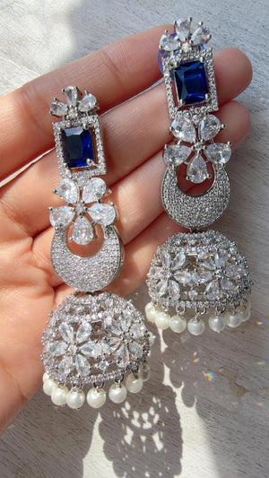 Anaya Rhodium Chaand diamond jhumka Earrings next to real/ Indian Jewelry Indian Earrings/American Diamond jhumka/CZ Earrings/