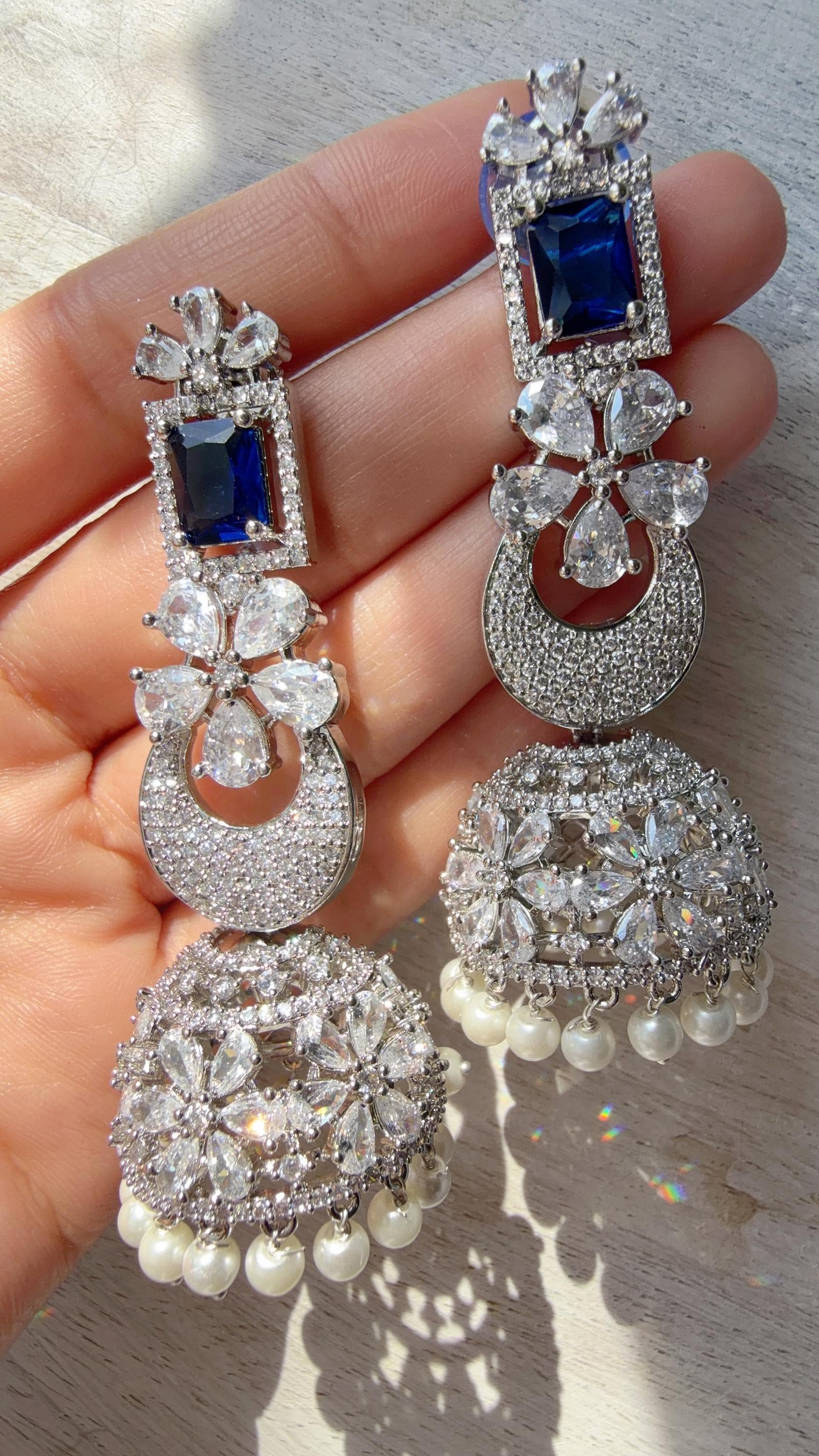 Anaya Rhodium Chaand diamond jhumka Earrings next to real/ Indian Jewelry Indian Earrings/American Diamond jhumka/CZ Earrings/