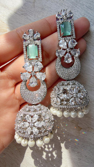 Anaya Rhodium Chaand diamond jhumka Earrings next to real/ Indian Jewelry Indian Earrings/American Diamond jhumka/CZ Earrings/