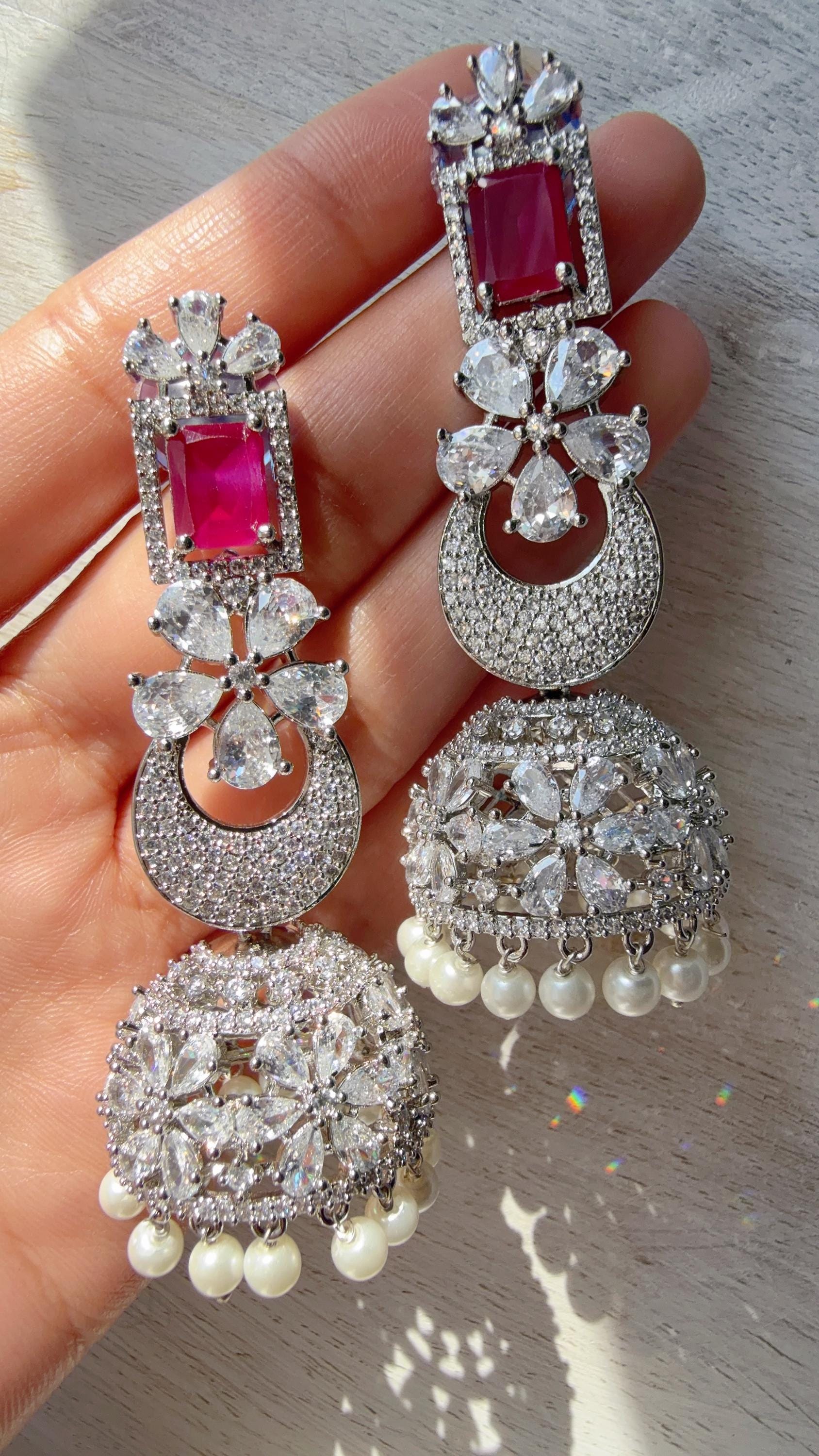 Anaya Rhodium Chaand diamond jhumka Earrings next to real/ Indian Jewelry Indian Earrings/American Diamond jhumka/CZ Earrings/