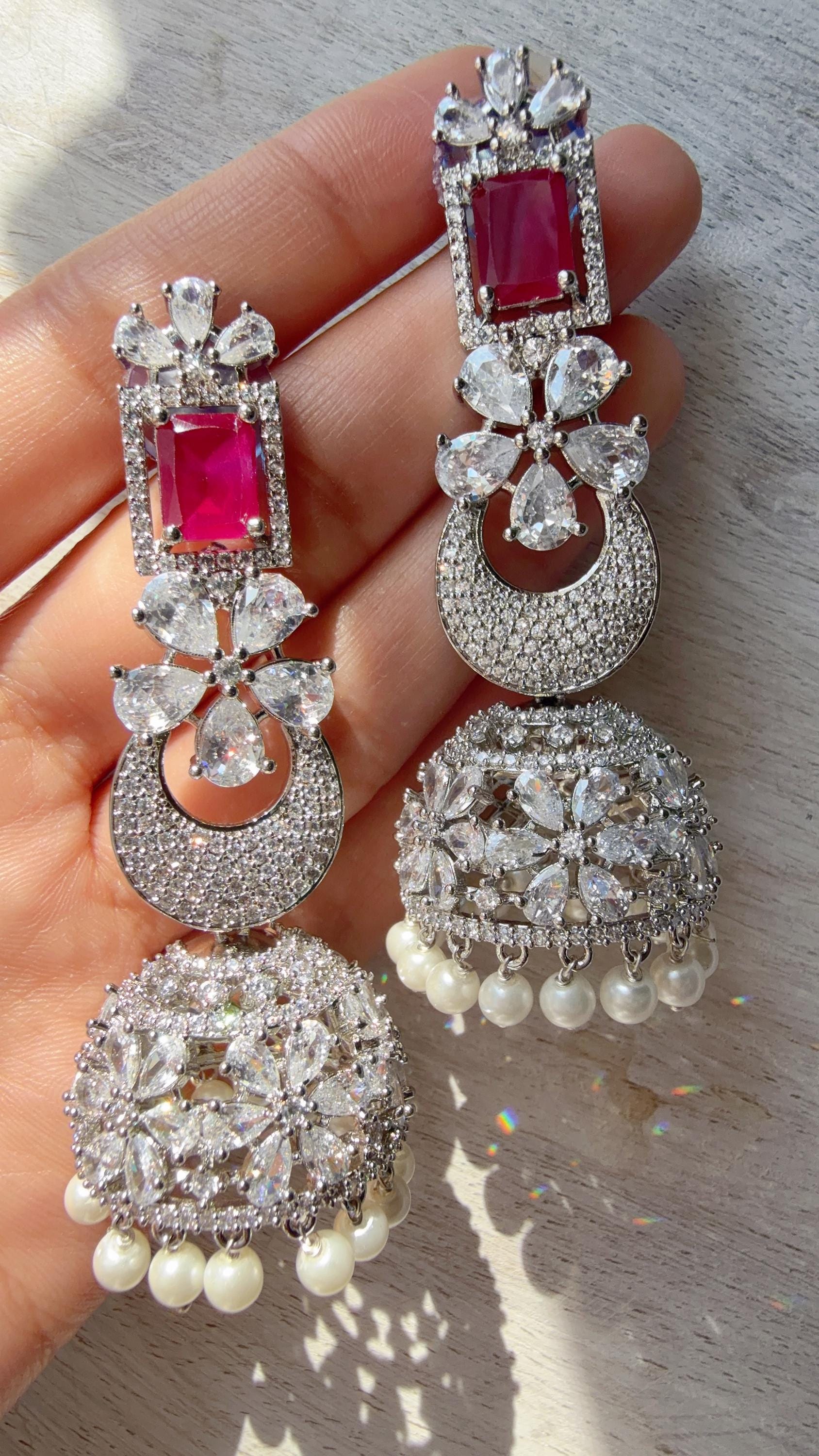 Anaya Rhodium Chaand diamond jhumka Earrings next to real/ Indian Jewelry Indian Earrings/American Diamond jhumka/CZ Earrings/