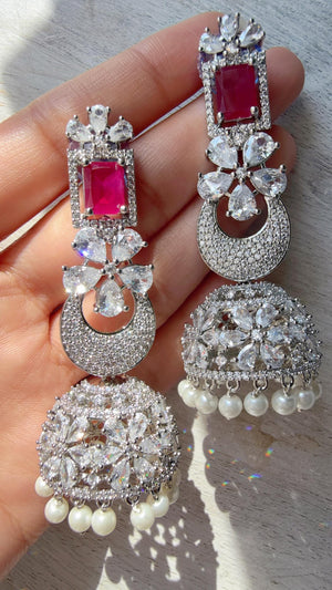 Anaya Rhodium Chaand diamond jhumka Earrings next to real/ Indian Jewelry Indian Earrings/American Diamond jhumka/CZ Earrings/