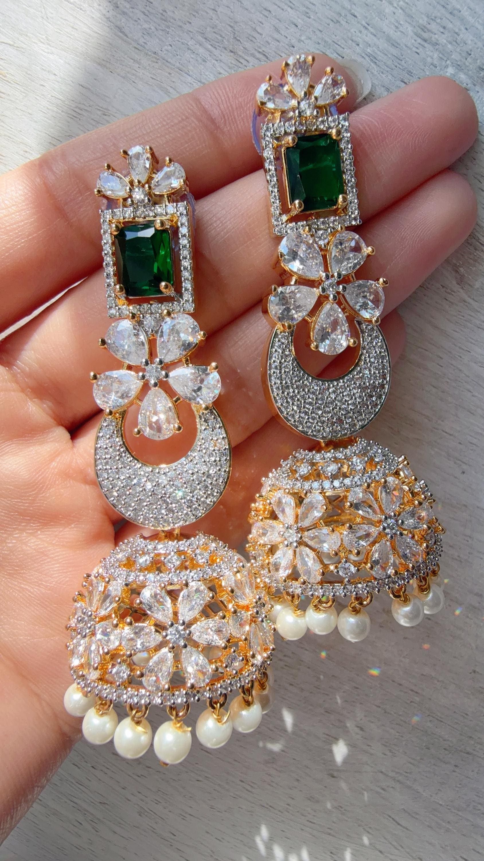 Anaya 2 Tone Chaand diamond jhumka Earrings next to real/ Indian Jewelry Indian Earrings/American Diamond jhumka/CZ Earrings/