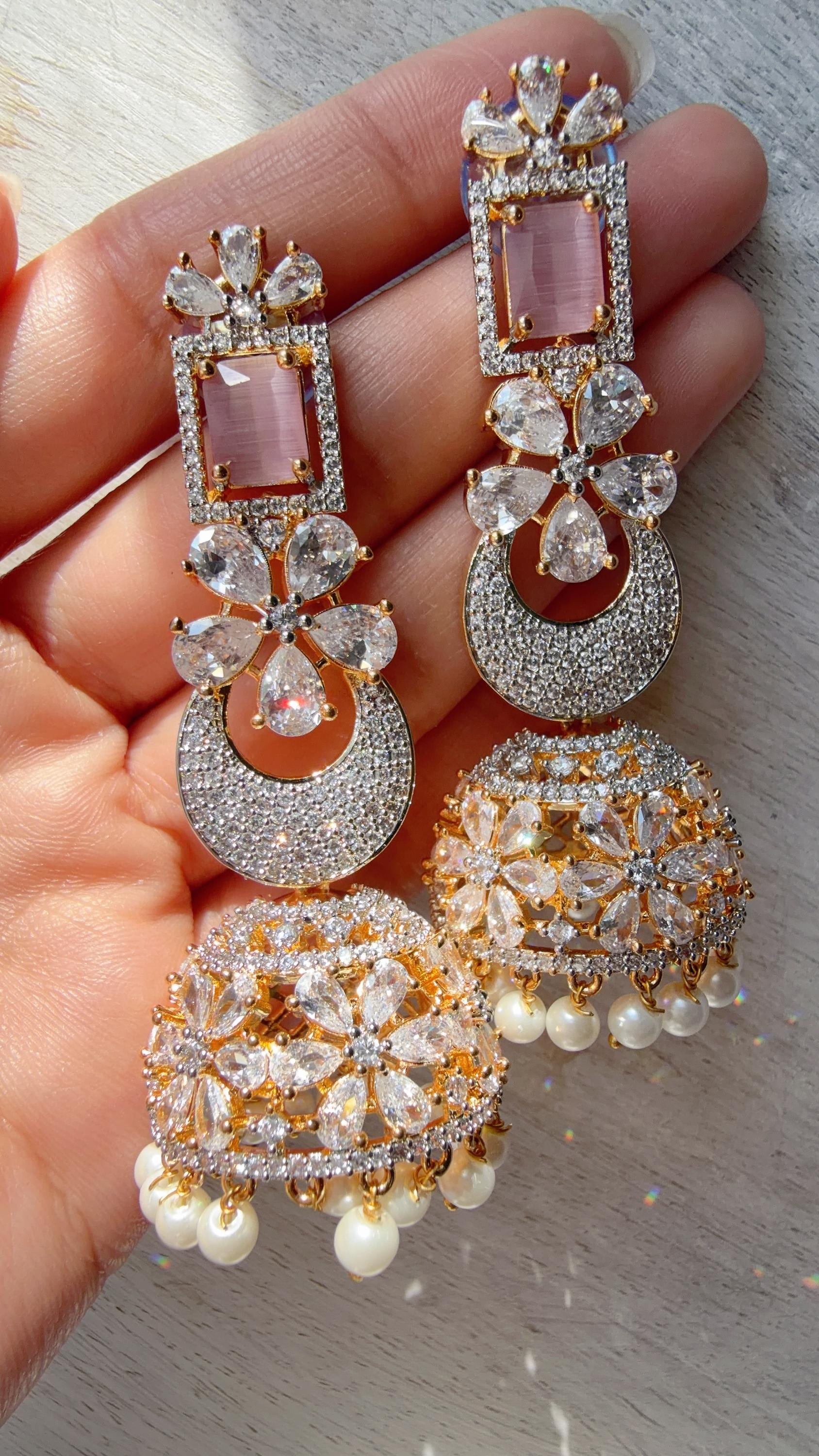Anaya 2 Tone Chaand diamond jhumka Earrings next to real/ Indian Jewelry Indian Earrings/American Diamond jhumka/CZ Earrings/