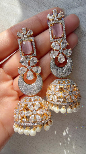 Anaya 2 Tone Chaand diamond jhumka Earrings next to real/ Indian Jewelry Indian Earrings/American Diamond jhumka/CZ Earrings/