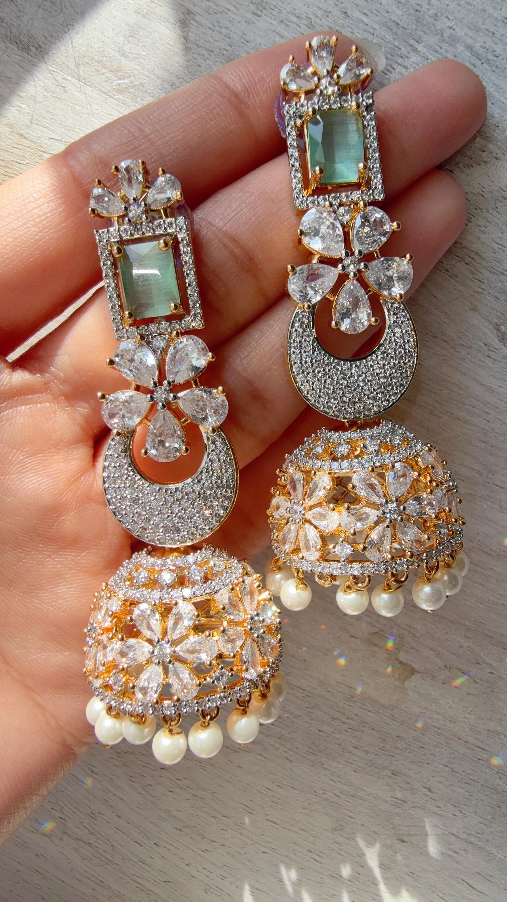 Anaya 2 Tone Chaand diamond jhumka Earrings next to real/ Indian Jewelry Indian Earrings/American Diamond jhumka/CZ Earrings/