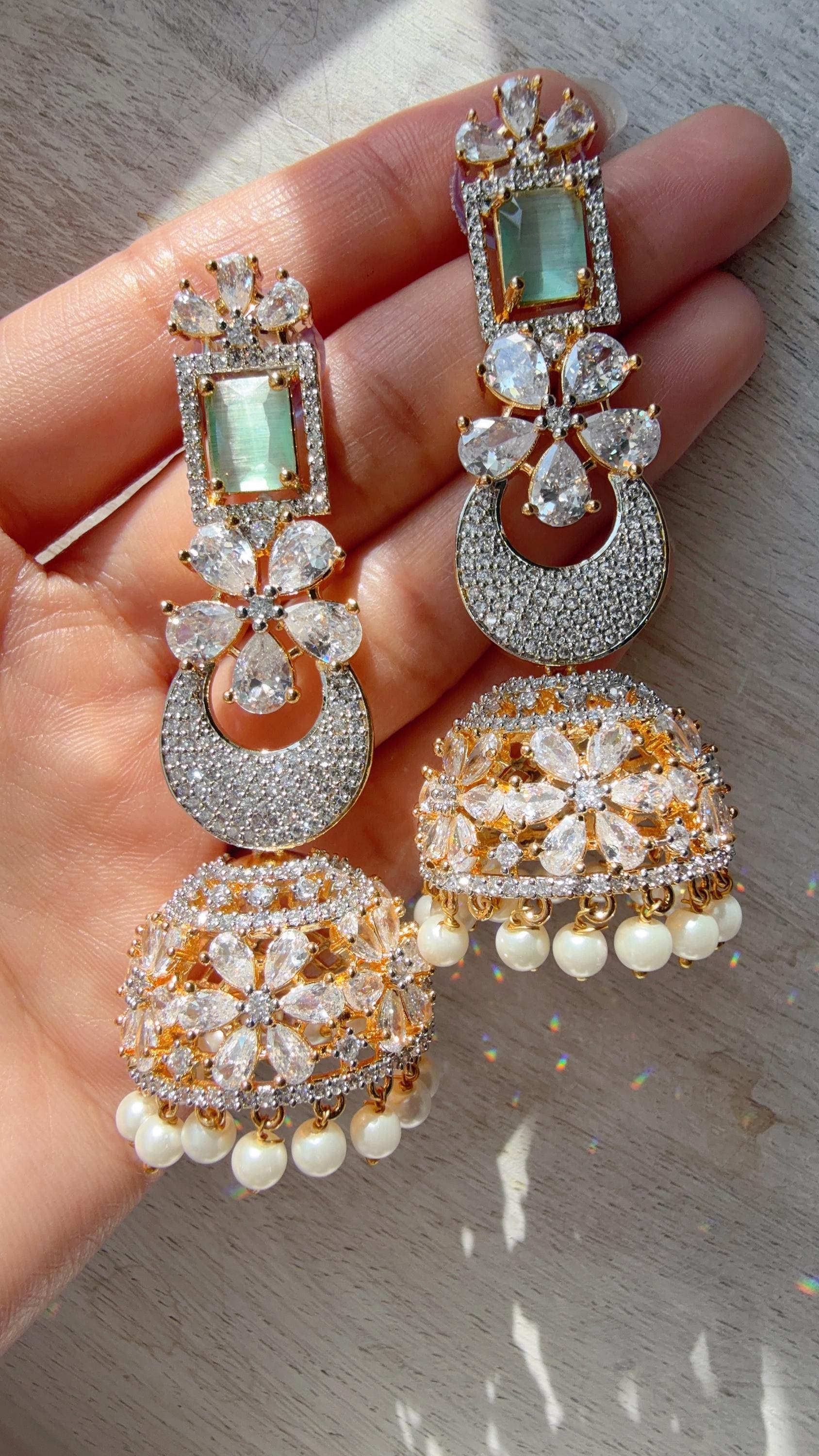 Anaya 2 Tone Chaand diamond jhumka Earrings next to real/ Indian Jewelry Indian Earrings/American Diamond jhumka/CZ Earrings/