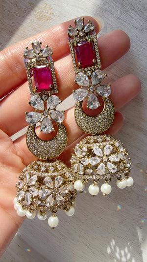 Anaya Mehendi Chaand diamond jhumka Earrings next to real/ Indian Jewelry Indian Earrings/American Diamond jhumka/CZ Earrings/