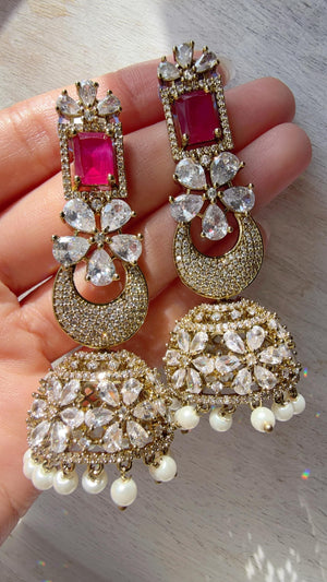 Anaya Mehendi Chaand diamond jhumka Earrings next to real/ Indian Jewelry Indian Earrings/American Diamond jhumka/CZ Earrings/