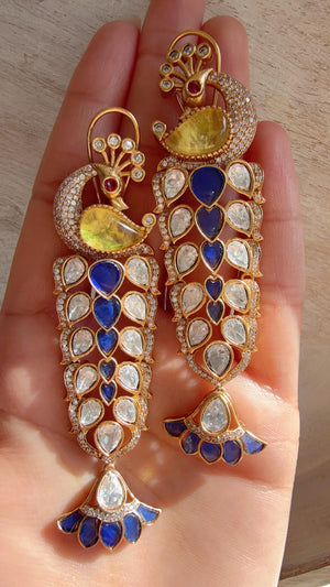 Maya Yellow Blue Peacock danglers/Amrapali inspired Moissanite doublet Earrings/Elegant Statement Jewelry/Bridal jhumka