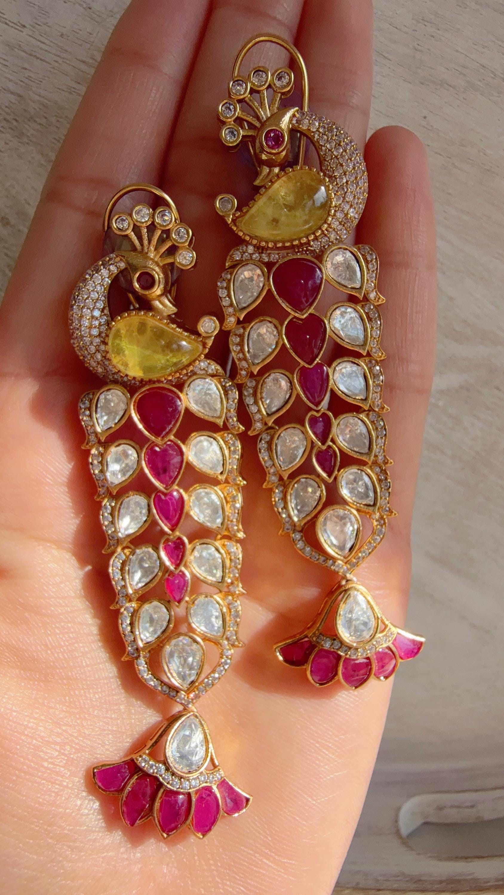 Maya Ruby Yellow Peacock danglers/Amrapali inspired Moissanite doublet Earrings/Elegant Statement Jewelry/Bridal jhumka