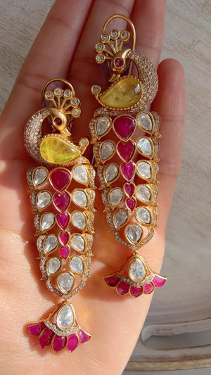 Maya Ruby Yellow Peacock danglers/Amrapali inspired Moissanite doublet Earrings/Elegant Statement Jewelry/Bridal jhumka