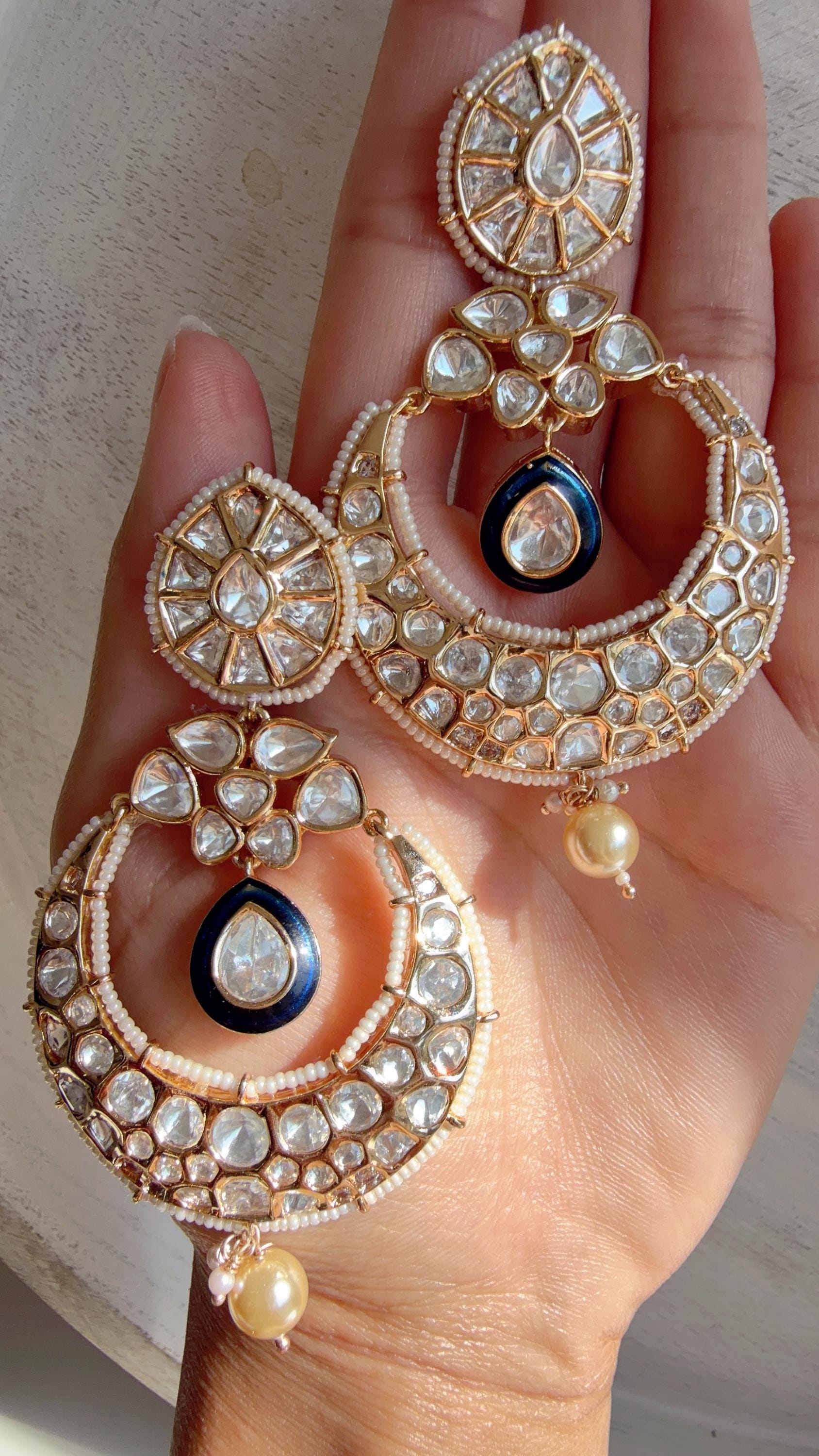 Sabyasachi-Inspired Moissanite kundan Blue chandbali Earrings/ Statement Jewelry/Moissanite jhumka Earrings/Bridal Diamond earrings