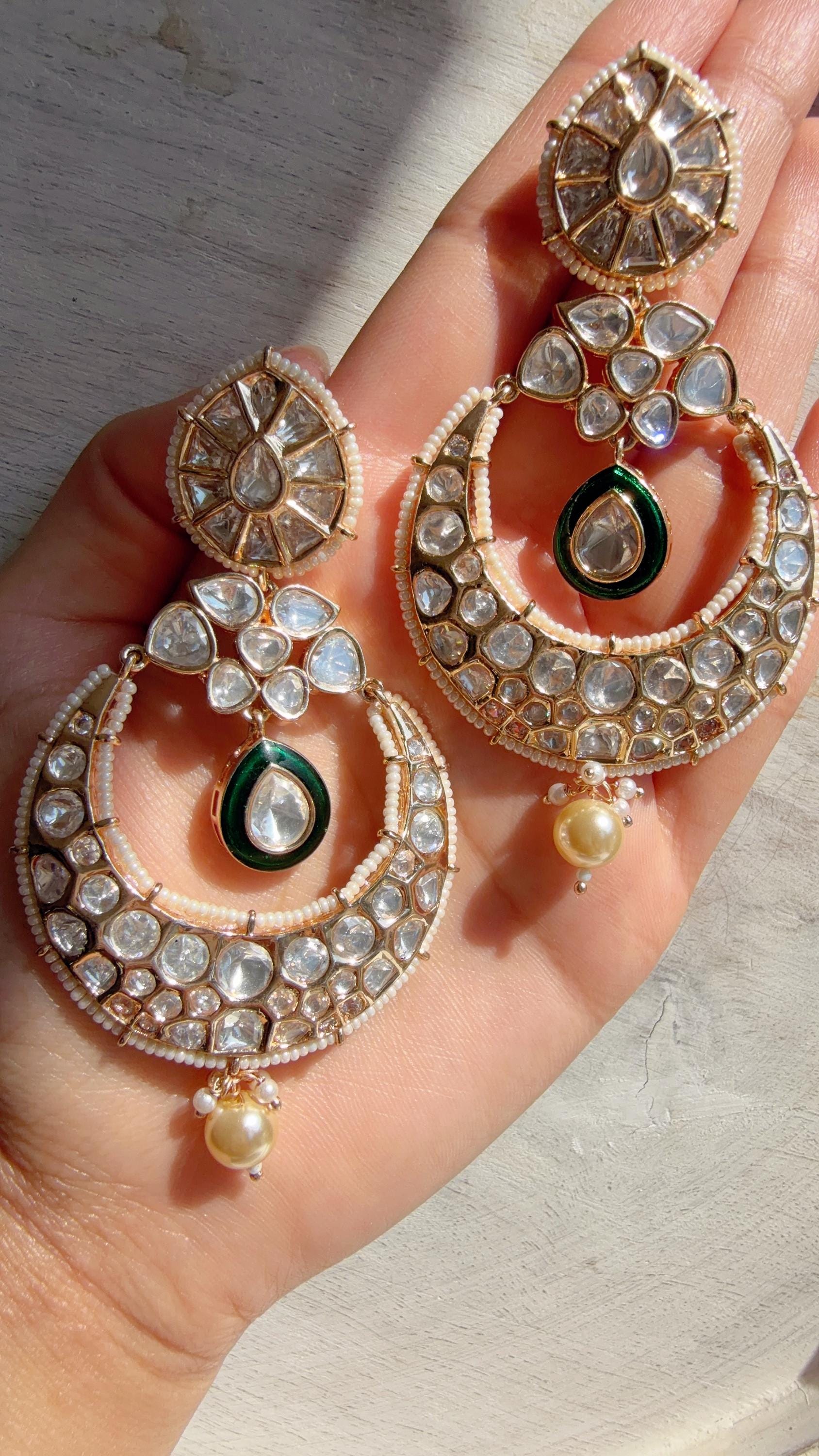 Sabyasachi-Inspired Moissanite kundan Green chandbali Earrings/ Statement Jewelry/Moissanite jhumka Earrings/Bridal Diamond earrings