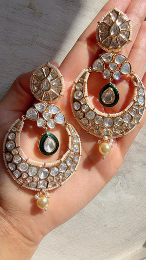 Sabyasachi-Inspired Moissanite kundan Green chandbali Earrings/ Statement Jewelry/Moissanite jhumka Earrings/Bridal Diamond earrings