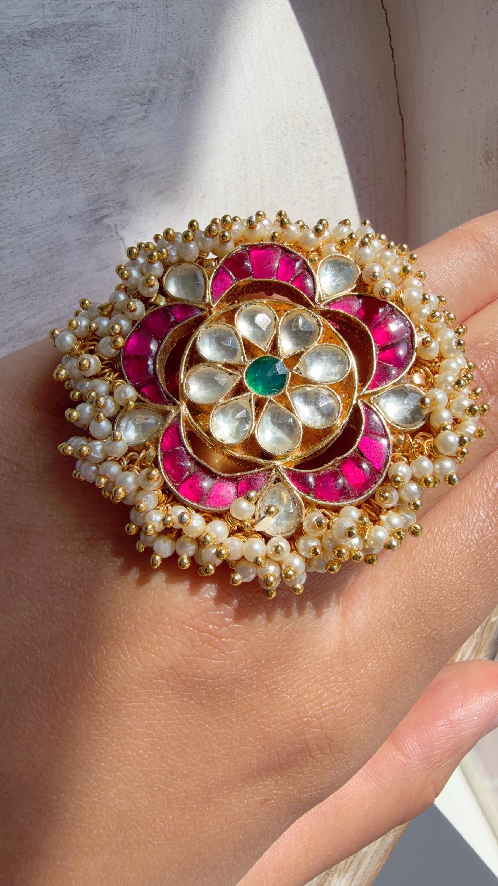 Jadau Pachi Kundan Ruby green finger ring /Bridal Kundan Moissanite diamond Ring/Adjustable Ring/Diamond Ring /Indian Wedding jewelry/