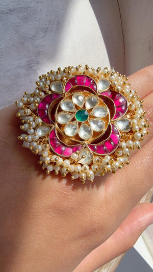 Jadau Pachi Kundan Ruby green finger ring /Bridal Kundan Moissanite diamond Ring/Adjustable Ring/Diamond Ring /Indian Wedding jewelry/