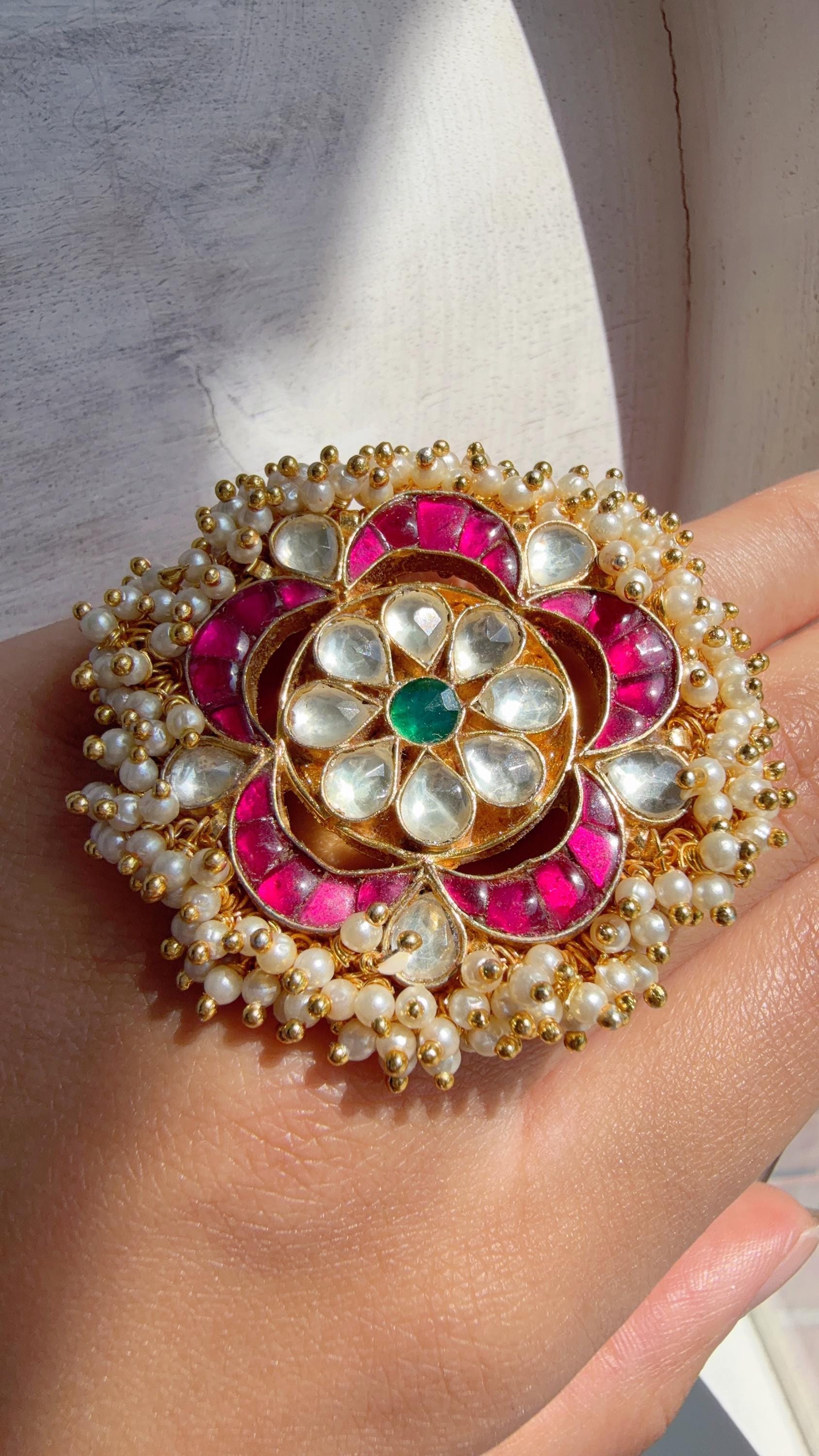 Jadau Pachi Kundan Ruby green finger ring /Bridal Kundan Moissanite diamond Ring/Adjustable Ring/Diamond Ring /Indian Wedding jewelry/