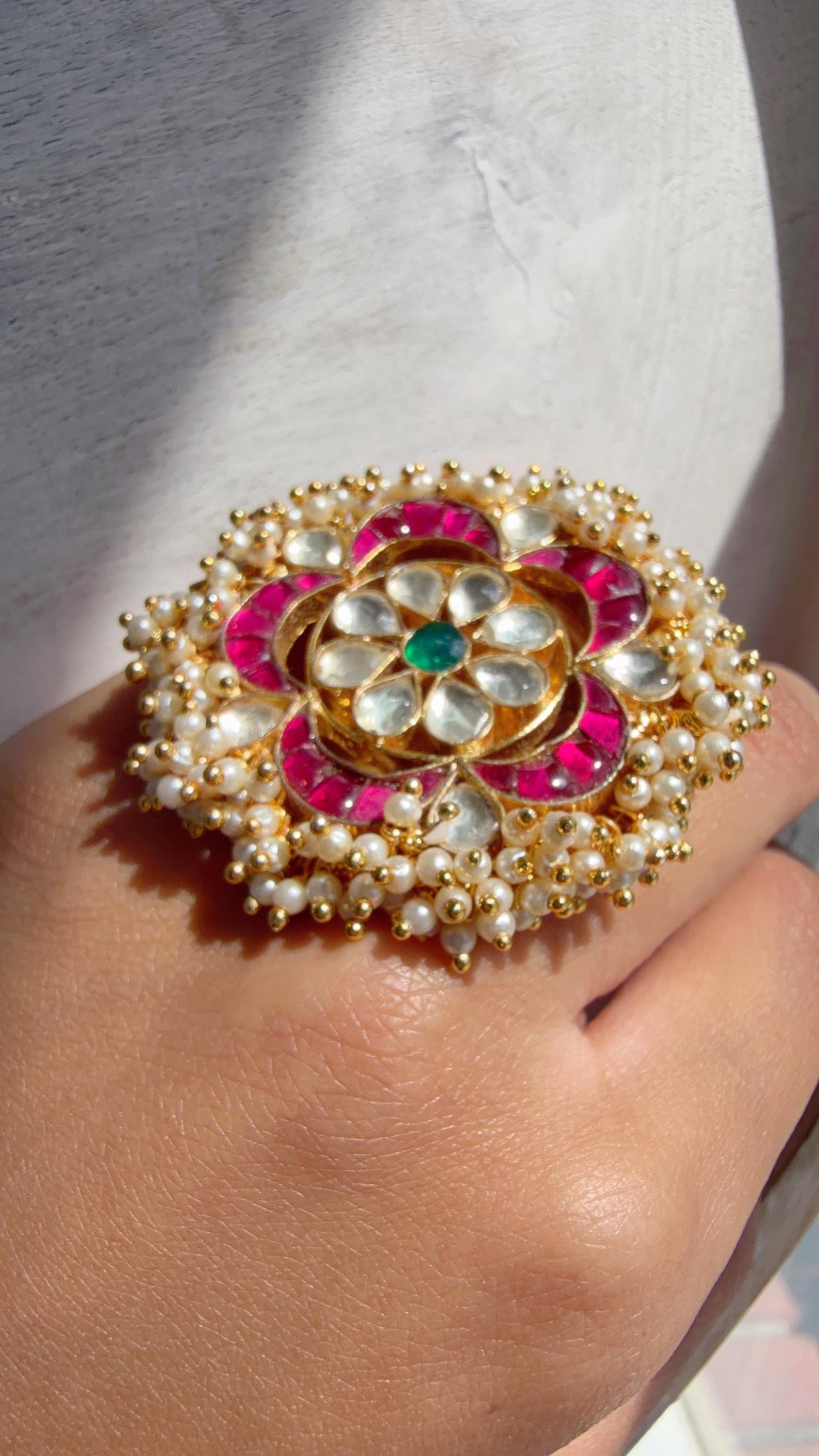Jadau Pachi Kundan Ruby green finger ring /Bridal Kundan Moissanite diamond Ring/Adjustable Ring/Diamond Ring /Indian Wedding jewelry/