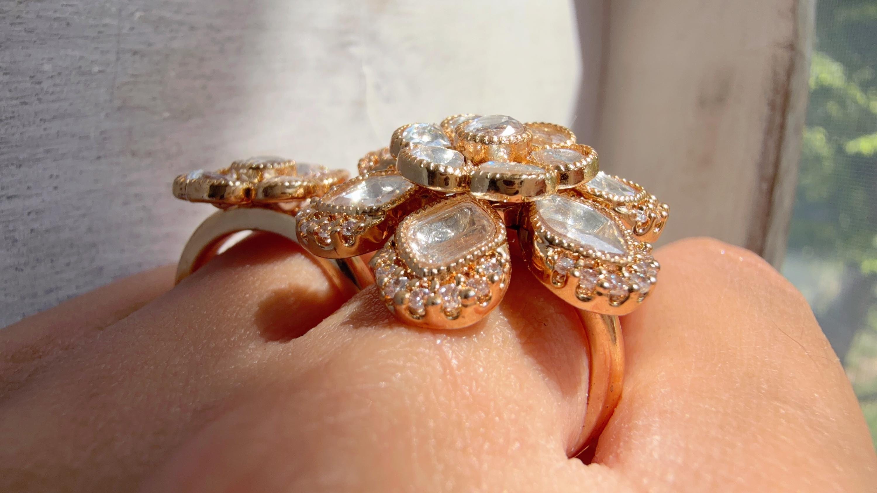 Bridal Kundan Moissanite Ring/Gold bridal Ring/Double Finger Kundan Statement Ring /Two Finger Kundan ring