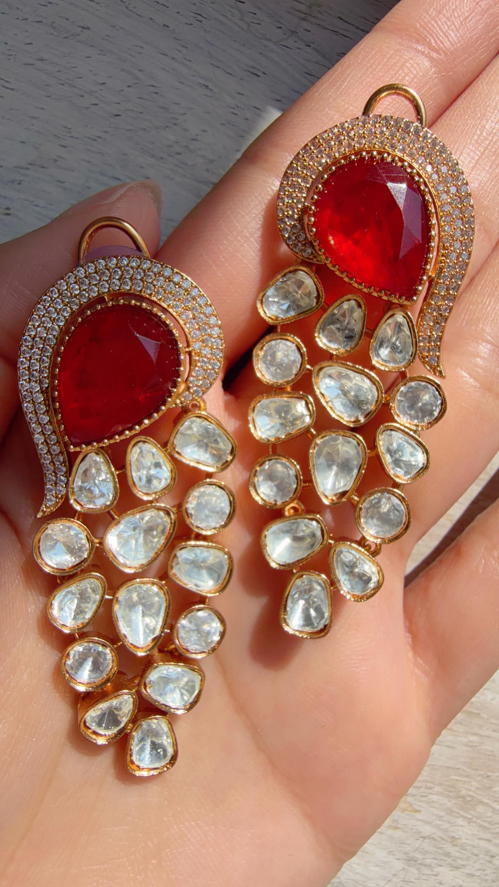 Sabyasachi-Inspired Moissanite kundan Ruby danglers Earrings/Elegant Statement Jewelry/Moissanite Earrings/Bridal Diamond